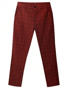 Men Plaid Print Slant Pocket Suit Trousers - Burgundy - View 4