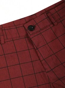 Men Plaid Print Slant Pocket Suit Trousers - Burgundy - View 5