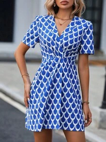 SHEIN Essnce Đầm Trọn gói Tất cả trên in Giải trí - Xanh và trắng - Xem 3