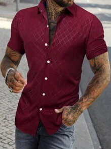 Manfinity Homme Nam Argyle Dệt hoa Áo sơ mi - Màu Đỏ Sâu - Xem 1