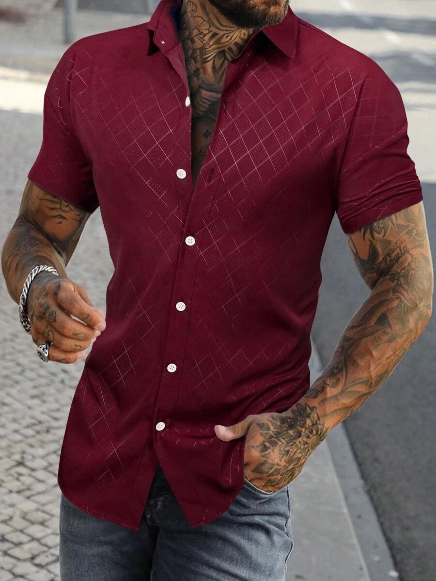 Manfinity Homme Nam Argyle Dệt hoa Áo sơ mi - Màu Đỏ Sâu - Xem 1