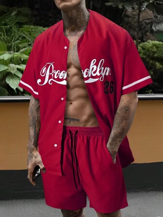 Guys Letter Graphic Shirt & Drawstring Waist Shorts