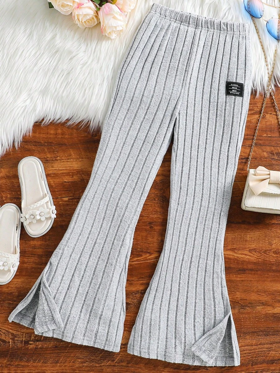 SHEIN Quần con gái Đắp vá Chia Gân đan Lá thư Sọc - Xám - Xem 1