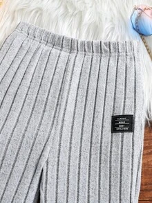 SHEIN Quần con gái Đắp vá Chia Gân đan Lá thư Sọc - Xám - Xem 3