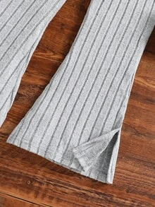 SHEIN Quần con gái Đắp vá Chia Gân đan Lá thư Sọc - Xám - Xem 4