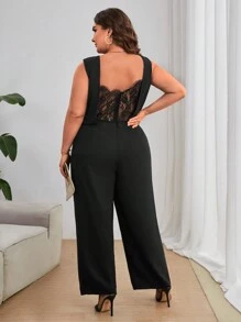 SHEIN Privé 大碼蕾絲拼接露背闊腿連體褲 - 黑色 - 查看 1
