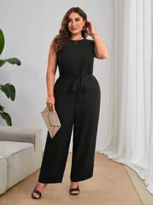SHEIN Privé 大碼蕾絲拼接露背闊腿連體褲 - 黑色 - 查看 2