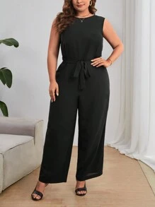 SHEIN Privé 大碼蕾絲拼接露背闊腿連體褲 - 黑色 - 查看 3