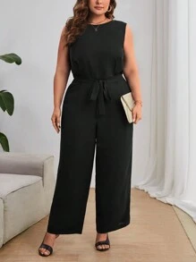SHEIN Privé 大碼蕾絲拼接露背闊腿連體褲 - 黑色 - 查看 4