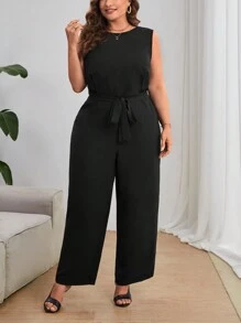 SHEIN Privé 大碼蕾絲拼接露背闊腿連體褲 - 黑色 - 查看 5