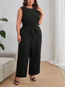 SHEIN Privé 大碼蕾絲拼接露背闊腿連體褲 - 黑色 - 查看 6