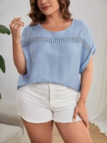 SHEIN LUNE Plus Hollow Out Batwing Sleeve Blouse - Baby Blue - View 3