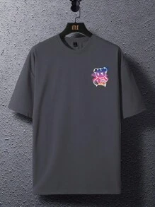 Manfinity EMRG 男式标语及卡通图案落肩 T 恤 - 深灰色 - 查看 4