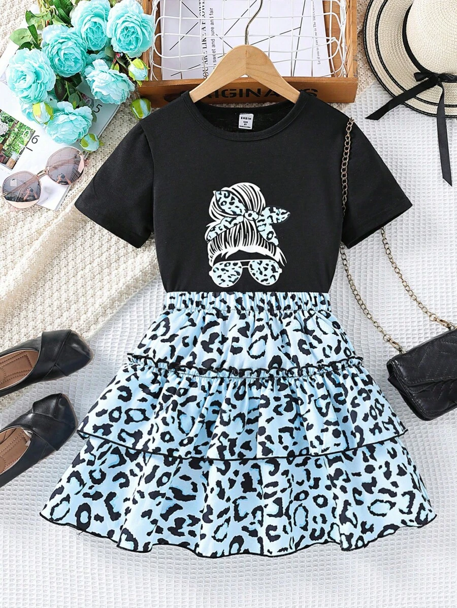 SHEIN Bộ hai mảnh Gái phân lớp Con số In hoa Báo Dễ thương - Nhiều màu - Xem 1