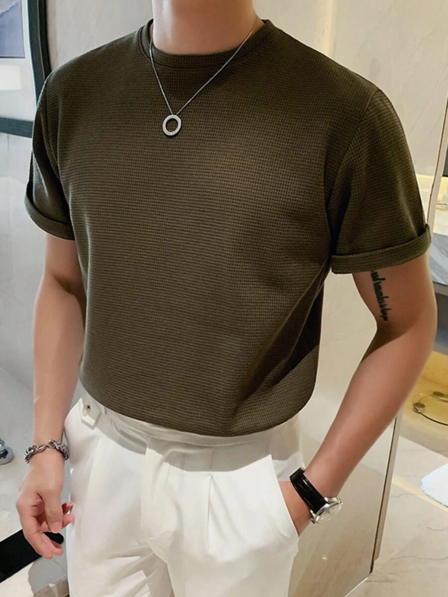 Men Solid Round Neck Knit Top - Army Green - View 1