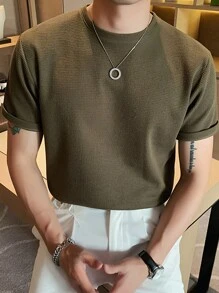 Men Solid Round Neck Knit Top - Army Green - View 3