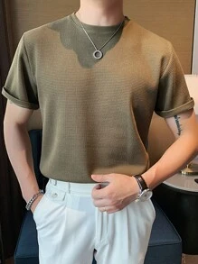 Men Solid Round Neck Knit Top - Army Green - View 5