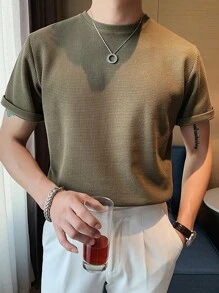 Men Solid Round Neck Knit Top - Army Green - View 6