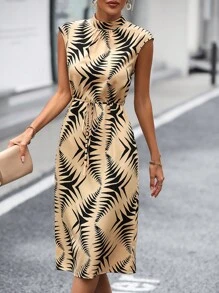 SHEIN LUNE 滿版印花後鎖孔連衣裙 - 卡其色 - 查看 1