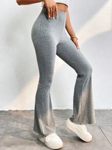 SHEIN PETITE 素色條紋針織喇叭褲 - 灰色 - 查看 5