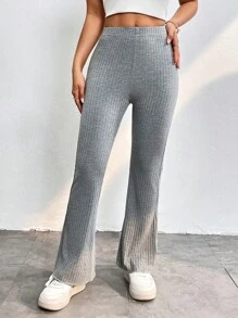 SHEIN PETITE 素色條紋針織喇叭褲 - 灰色 - 查看 1