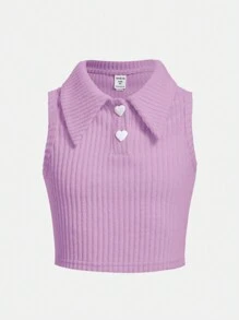 SHEIN Tank Tops & Camis Bé Gái Gân đan Nút phía trước màu trơn Giải trí - Màu Lilac Tím - Xem 1