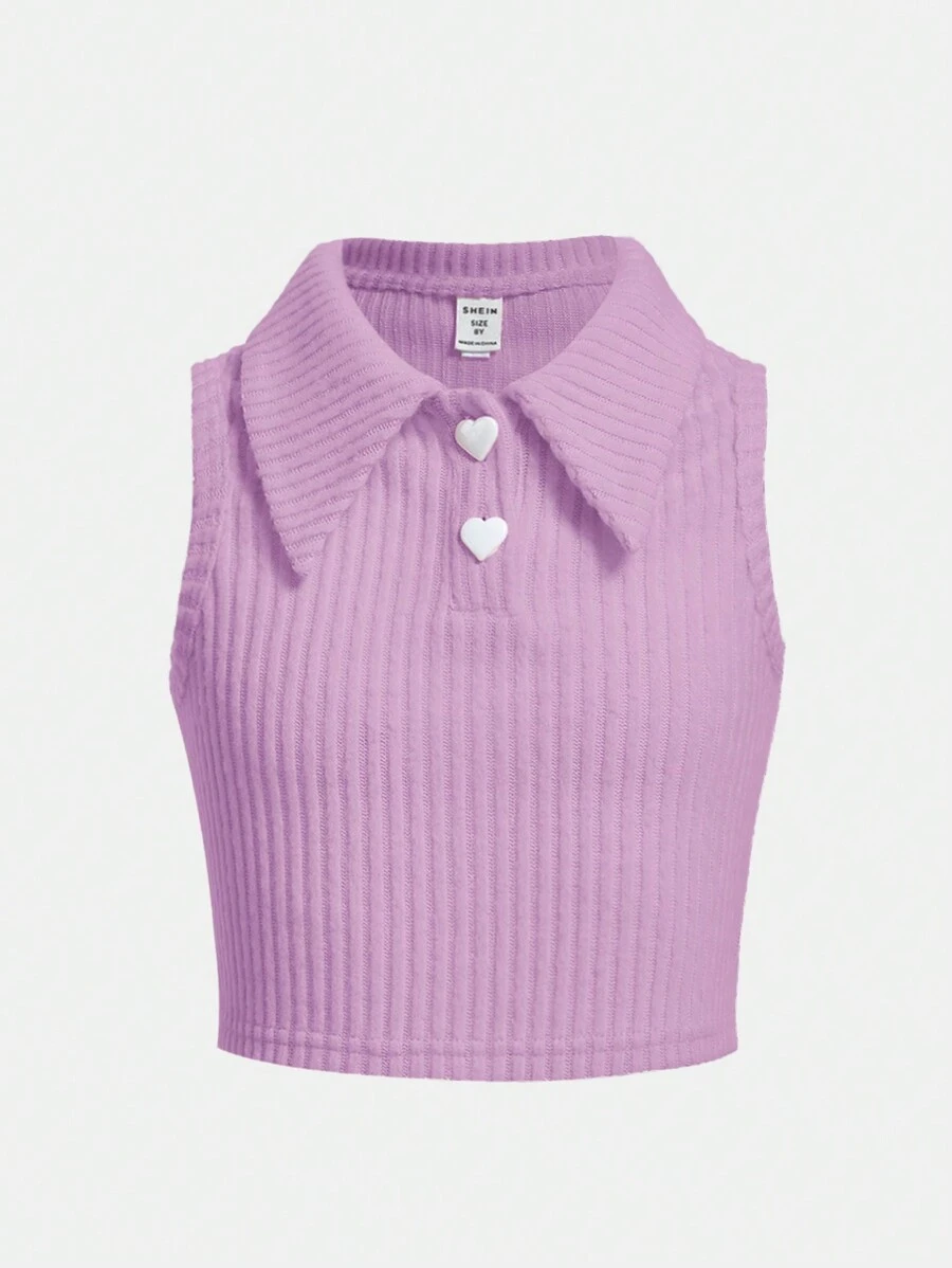 SHEIN Tank Tops & Camis Bé Gái Gân đan Nút phía trước màu trơn Giải trí - Màu Lilac Tím - Xem 1