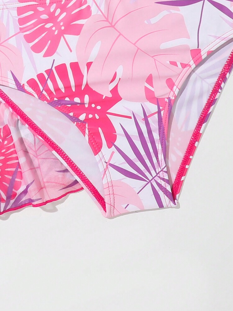 Young Girl Tropical Print Bikini Set With Kimono Summer Beach - Pink - View 5