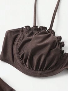 Swim Chiccia 夏季沙灘荷葉邊底托比基尼套裝泳裝 - 咖啡棕 - 查看 4