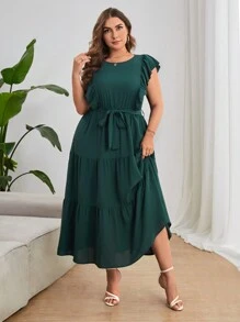 SHEIN Privé Đầm Plus Size Thắt lưng Xù Viên lá sen màu trơn Giải trí - Màu xanh lá cây đậm - Xem 6
