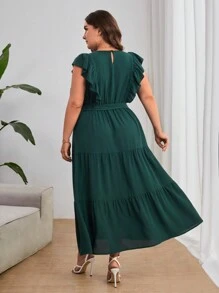 SHEIN Privé Đầm Plus Size Thắt lưng Xù Viên lá sen màu trơn Giải trí - Màu xanh lá cây đậm - Xem 2