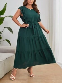 SHEIN Privé Đầm Plus Size Thắt lưng Xù Viên lá sen màu trơn Giải trí - Màu xanh lá cây đậm - Xem 5
