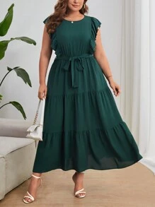 SHEIN Privé Đầm Plus Size Thắt lưng Xù Viên lá sen màu trơn Giải trí - Màu xanh lá cây đậm - Xem 3