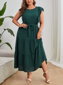 SHEIN Privé Đầm Plus Size Thắt lưng Xù Viên lá sen màu trơn Giải trí - Màu xanh lá cây đậm - Xem 1