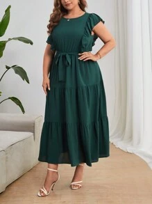 SHEIN Privé Đầm Plus Size Thắt lưng Xù Viên lá sen màu trơn Giải trí - Màu xanh lá cây đậm - Xem 4