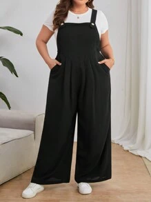 SHEIN Essnce Plus Solid Wide Leg Overall Jumpsuit Without Tee - Black - View 3