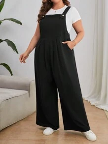 SHEIN Essnce Plus Solid Wide Leg Overall Jumpsuit Without Tee - Black - View 5