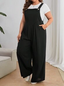 SHEIN Essnce Plus Solid Wide Leg Overall Jumpsuit Without Tee - Black - View 2