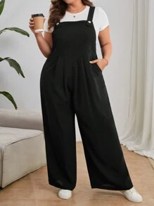 SHEIN Essnce Plus Solid Wide Leg Overall Jumpsuit Without Tee - Black - View 1