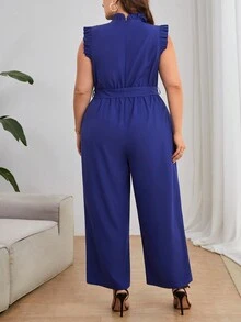 SHEIN Privé 大碼褶邊腰帶闊腿連體褲 - 藏蓝色 - 查看 4