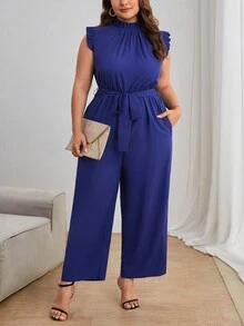 SHEIN Privé 大碼褶邊腰帶闊腿連體褲 - 藏蓝色 - 查看 6