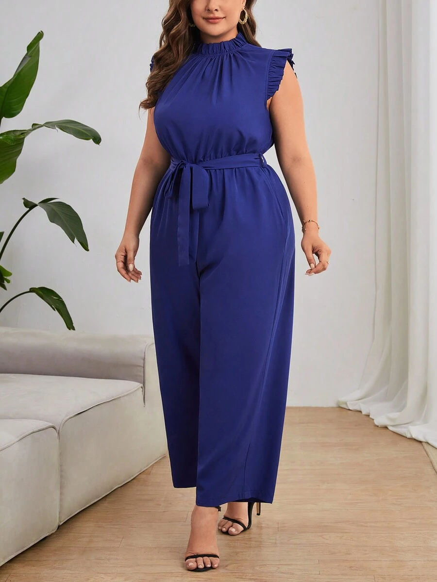 SHEIN Privé 大碼褶邊腰帶闊腿連體褲 - 藏蓝色 - 查看 1