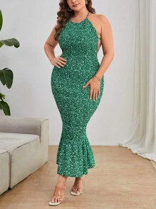 SHEIN Privé 大碼碎花後背繫帶魚尾裙下擺掛脖連衣裙 - 綠色 - 查看 5