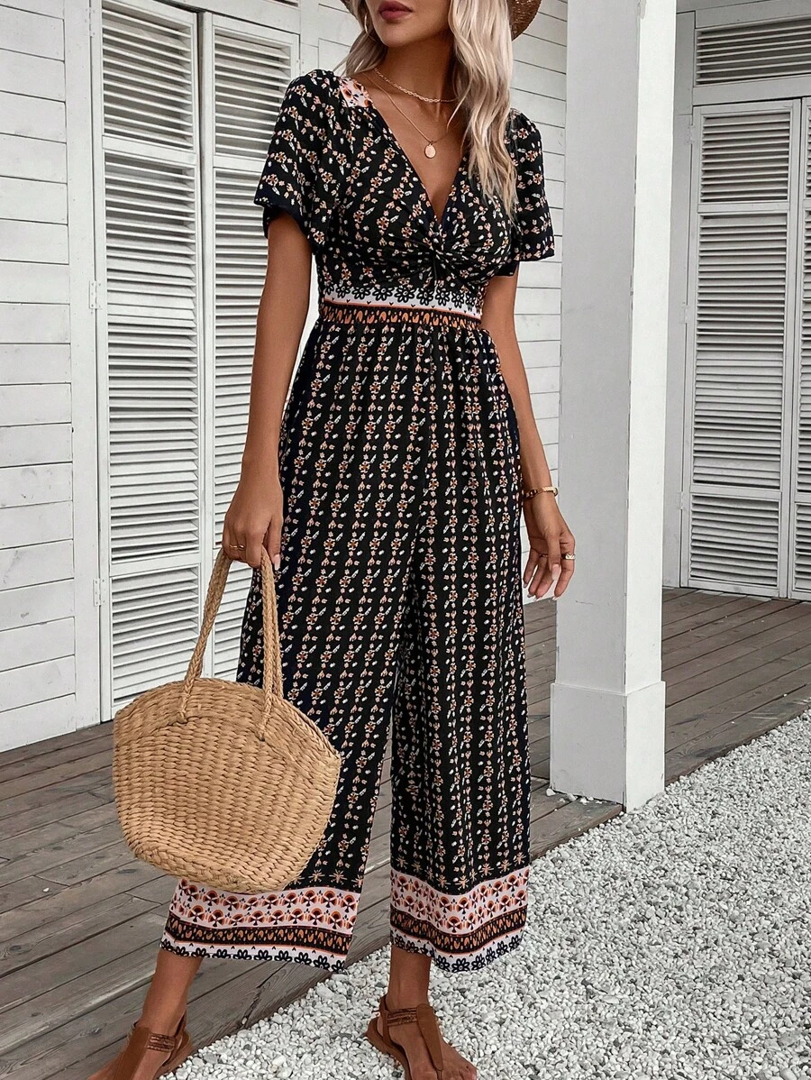 SHEIN VCAY 滿版印花交疊領闊腿連體褲 - 黑色 - 查看 1