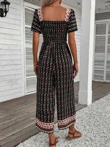 SHEIN VCAY 滿版印花交疊領闊腿連體褲 - 黑色 - 查看 2