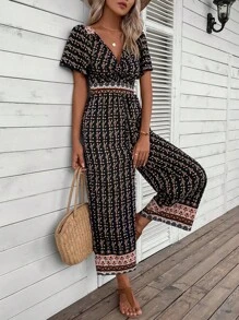 SHEIN VCAY 滿版印花交疊領闊腿連體褲 - 黑色 - 查看 5