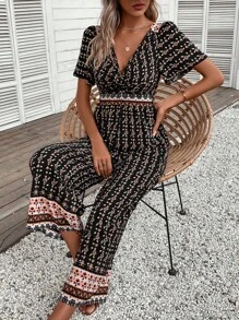 SHEIN VCAY 滿版印花交疊領闊腿連體褲 - 黑色 - 查看 6