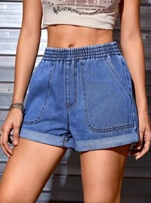 SHEIN EZwear Quần short denim nữ Túi màu trơn - Rửa trung bình - Xem 6