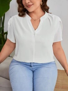 SHEIN Privé Plus Notched Neckline Petal Sleeve Blouse