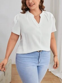 SHEIN Privé Plus Notched Neckline Petal Sleeve Blouse